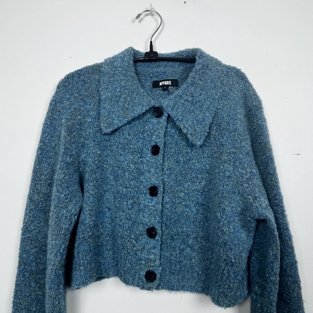 Apparis Womens Blue Boucle Cropped Cardigan Sweater Collared Button Front Large